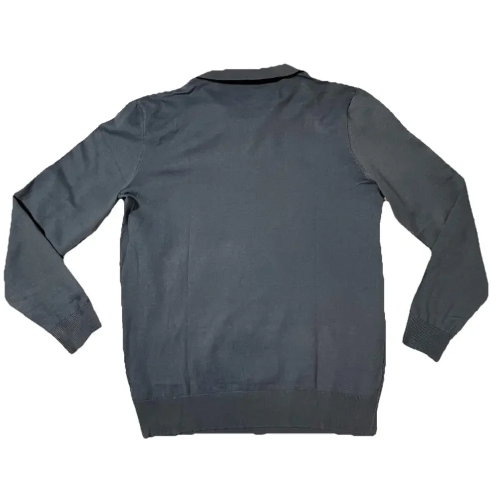Men’s Blue‎ Long Sleeve Collared Knit Polo Sweater Textured Front Size Large